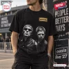 Front view of a black Oasis band tour 2027 t-shirt featuring two men in a graphic print.