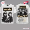 Front and back view of a white Oasis Band Tour 2027 t-shirt featuring band imagery and tour dates.
