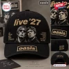 Front and detail views of a black Oasis Live 27 baseball cap with band member imagery and city names in gold embroidery.