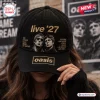 Front view of a black baseball cap with Oasis Live 27 embroidery, featuring portraits and city list text.