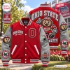 Front and back view of the Ohio State Buckeyes Football Mascot Baseball Jacket in red and grey with embroidered patches.