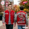 Front and back view of the Ohio State Buckeyes Football Mascot Baseball Jacket in red and gray.
