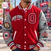 Front view of an Ohio State Buckeyes Football Mascot Baseball Jacket in red and grey with embroidered patches.