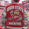 Back view of Ohio State Buckeyes Football Mascot Baseball Jacket in red and grey with patches.