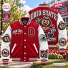 Ohio State Buckeyes Mascot Red Varsity Baseball Jacket with white sleeves, Brutus patches, and embroidered team logos.