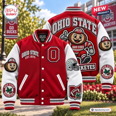 Ohio State Buckeyes Mascot Red Varsity Baseball Jacket