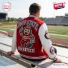 Ohio State Buckeyes Mascot Red Varsity Baseball Jacket with white sleeves and team patches on the back and arm.