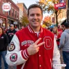 Ohio State Buckeyes Mascot Red Varsity Baseball Jacket with white leather sleeves and embroidered team patches.