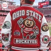 Ohio State Buckeyes Mascot Red Varsity Baseball Jacket with embroidered Brutus patch, team logos, and white sleeves.