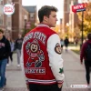 Ohio State Buckeyes Mascot Red Varsity Baseball Jacket with white leather sleeves and large embroidered back graphic.
