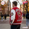 Ohio State Buckeyes Mascot Red Varsity Baseball Jacket with white leather sleeves and embroidered team logos on back.