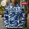 Old Dominion Monarchs Blue Camouflage Hoodie with white Old Dominion and SBC lettering worn by a person outdoors.