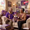A man and woman sitting on a couch with an Omega Psi Phi bulldog crochet plush toy and matching pennant.
