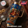 One Piece Anime Characters Gold Stanley Tumbler featuring Luffy, Zoro, and the crew with blue oceanic artwork and straw.