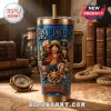 One Piece Anime Characters Gold Stanley Tumbler featuring Luffy and crew on a metallic gold mug with straw.