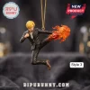 One Piece Sanji Christmas ornament featuring the character in a black suit performing a flaming leg kick with orange fire.