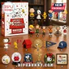 Peanuts 75th Anniversary 24-Piece Christmas Advent Calendar with character figurines, ornaments, and holiday accessories.