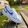 Side view of Peanuts Snoopy Diabetes Warrior Custom Air Force 1 Sneaker on a wooden bench.