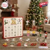 Front view of Peanuts Snoopy Joe Cool 76th Anniversary Advent Calendar box with hanging holiday ornaments on display.