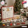 Front view of Peanuts Snoopy Joe Cool 76th Anniversary Advent Calendar box with decorative character ornaments on a table.
