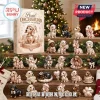 Pearl Dachshund Christmas Ornament Advent Calendar 2026 box with twenty-four miniature dog figurines on a wooden shelf.