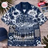 Front view of a blue and white patterned Penn State Nittany Lions Football Hawaiian shirt with stadium graphics.