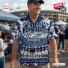 Man wearing a Penn State Nittany Lions Football Hawaiian shirt with Beaver Stadium and player graphics at a tailgate.