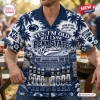 Front view of a Penn State Nittany Lions football Hawaiian shirt featuring stadium, player, and palm tree graphics.