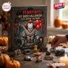 Pennywise IT 2026 Derry Horror Halloween Advent Calendar box with miniature figurines and red balloons on a wooden table.
