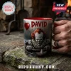 Pennywise IT David Horror Themed Coffee Mug featuring the clown in a drain with a red balloon and name text on white mug.