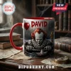 Pennywise IT David horror themed coffee mug with red handle, featuring Pennywise the clown, a red balloon, and a paper boat.