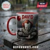 Pennywise IT David Horror Themed Coffee Mug featuring the clown in a sewer with a red balloon and name text on wood.