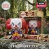 Pennywise x Cheshire Cat 1946-2006 Memorial Vinyl Figure in purple and yellow costume holding a red balloon in front of box.