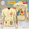 Front and back views of a cream baseball jacket featuring Winnie the Pooh characters and custom name placement.