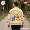 Back view of a personalized cream baseball jacket featuring cartoon animal characters and bees in a park setting.