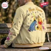 Back view of a personalized cream baseball jacket featuring cartoon animal friends, flowers, and bees.