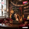 Front view of the Phantom of the Opera 40th Anniversary Advent Calendar on a wooden table with candles and roses.
