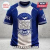 Phi Beta Sigma Fraternity Crest Blue Paisley Shirt featuring a central crest, white panel, and greek letters on blue fabric.
