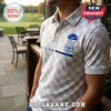 Phi Beta Sigma White Checkered Polo Shirt featuring a blue fraternity crest on the chest and Sigma text on a grey background.