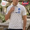 Phi Beta Sigma White Checkered Polo Shirt featuring a blue fraternity crest and Sigma lettering on a checkered pattern.