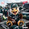 Front view of an eagle mascot plush doll wearing a green team jersey, hat, and holding a small pennant flag.