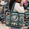 Philadelphia Eagles Crocheted Tote Bag featuring team logo, Lincoln Financial Field, and football motifs in green and white.