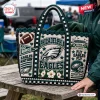 Philadelphia Eagles crocheted tote bag in green, white, and black with football, stadium, and team logo patches.