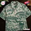Front view of a Philadelphia Eagles Fly Eagles Fly Hawaiian shirt featuring a green city skyline and stadium print.