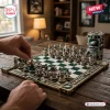 Philadelphia Eagles NFL Chess Set with green and silver custom team-themed pieces on a dark wood board.