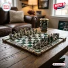 Philadelphia Eagles NFL Chess Set with green and white checkered board and custom football player pieces on wood table.