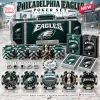 Philadelphia Eagles NFL Poker Set with 300 chips, two card decks, and dice featuring team logos, colors, and stadium art.