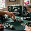 Philadelphia Eagles NFL Poker Set with green carrying case, team logo chips, and branded playing cards on a table.