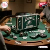 Philadelphia Eagles NFL Poker Set in a green carrying case with team logos, poker chips, and cards on a green table.