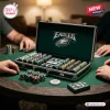 Philadelphia Eagles NFL Poker Set featuring green and black chips in a metallic carrying case on a green table surface.